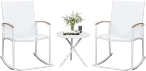 JAMFLY 3 Pieces Patio Set Outdoor Patio Furniture Sets, Modern Rocking Bistro Set Textilene Chair Conversation Sets with Detachable Pedal and Coffee Table (White)