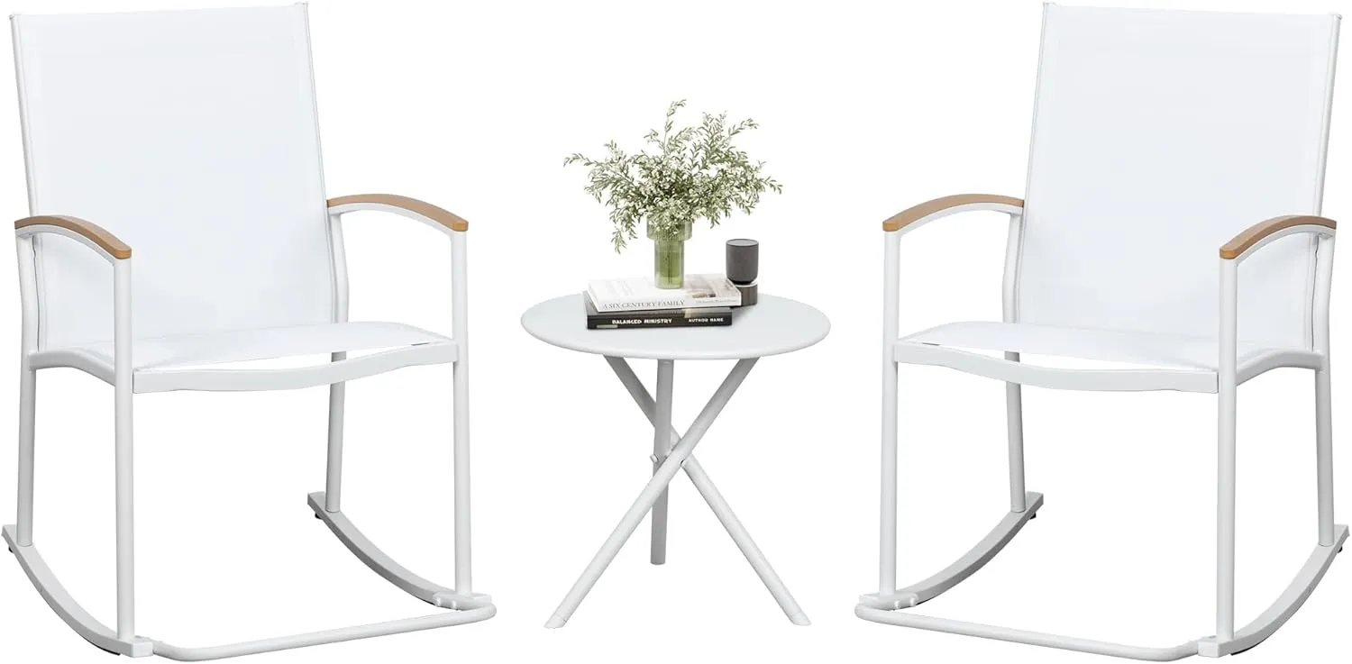 JAMFLY 3 Pieces Patio Set Outdoor Patio Furniture Sets, Modern Rocking Bistro Set Textilene Chair Conversation Sets with Detachable Pedal and Coffee Table (White)