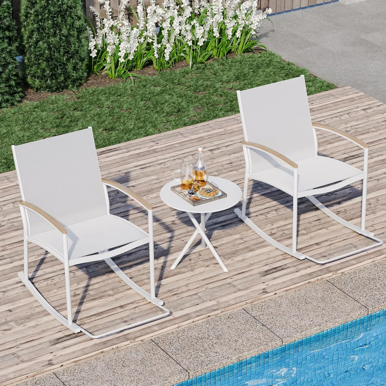 JAMFLY 3 Pieces Patio Set Outdoor Patio Furniture Sets, Modern Rocking Bistro Set Textilene Chair Conversation Sets with Detachable Pedal and Coffee Table (White)