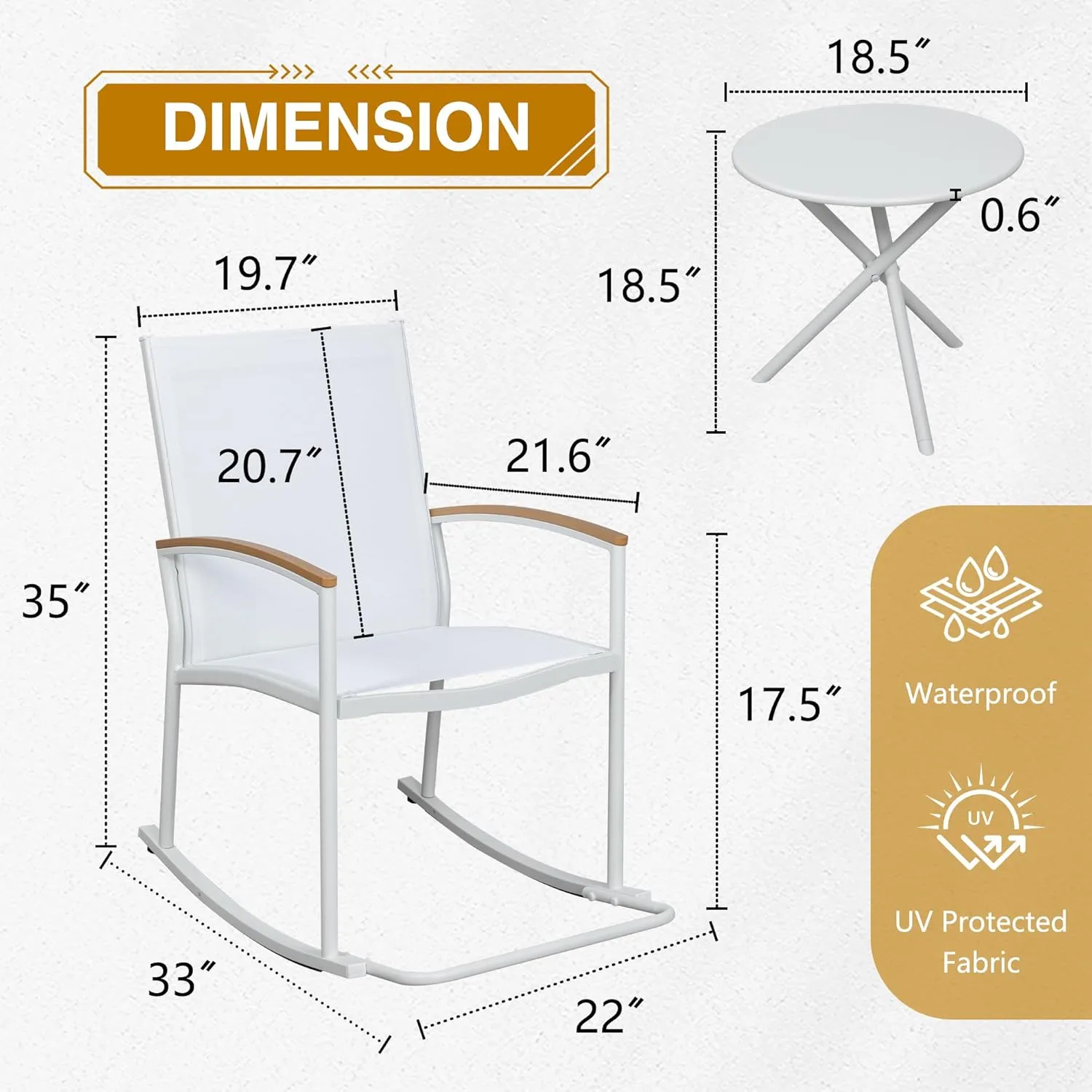JAMFLY 3 Pieces Patio Set Outdoor Patio Furniture Sets, Modern Rocking Bistro Set Textilene Chair Conversation Sets with Detachable Pedal and Coffee Table (White)