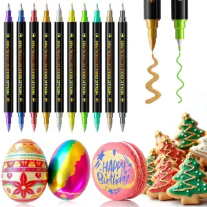 Jewem Edible Markers for Cookie Decorating, 10Pcs Upgrade Grade Metallic Markers Gold Shimmering Pens, Double Sided Tip Food Coloring Pens for Decorating Cakes, Fondant, Frosting, Easter Eggs, Macaron