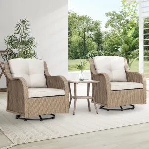 J.M.Deco Outdoor Swivel Rocker Patio Chairs Set of 2 and Matching Side Table - 3 Piece Wicker Patio Bistro Set with Premium & Soft Fabric Cushions for Porch, Backyard, Balcony (Light Brown)