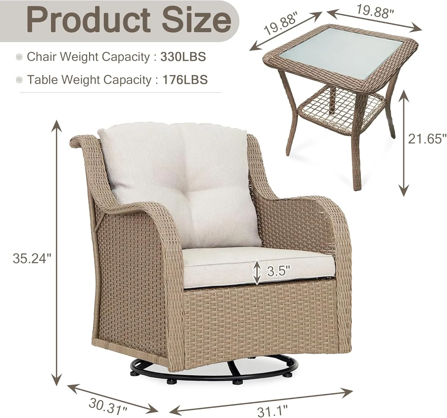 J.M.Deco Outdoor Swivel Rocker Patio Chairs Set of 2 and Matching Side Table - 3 Piece Wicker Patio Bistro Set with Premium & Soft Fabric Cushions for Porch, Backyard, Balcony (Light Brown)