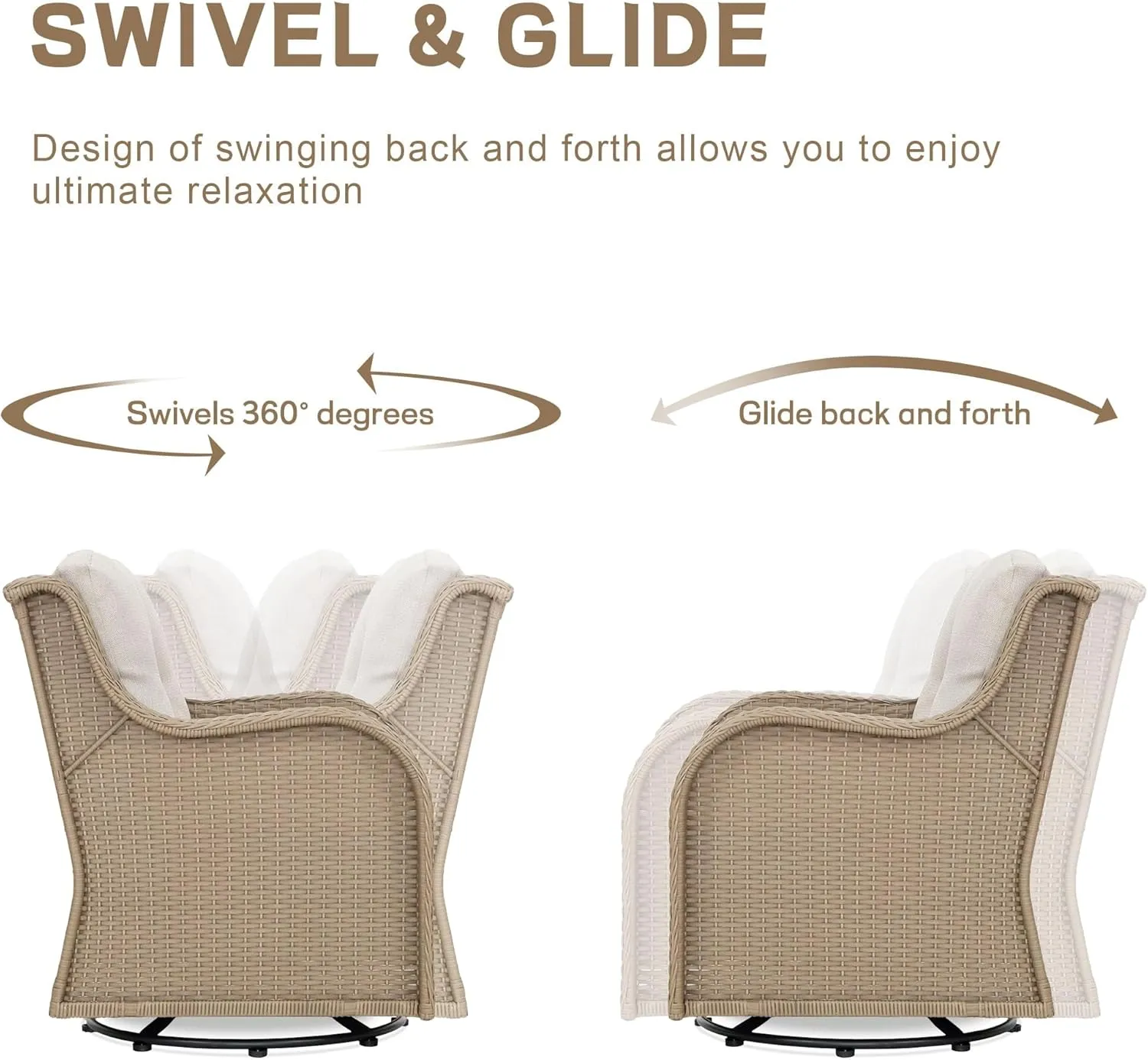 J.M.Deco Outdoor Swivel Rocker Patio Chairs Set of 2 and Matching Side Table - 3 Piece Wicker Patio Bistro Set with Premium & Soft Fabric Cushions for Porch, Backyard, Balcony (Light Brown)
