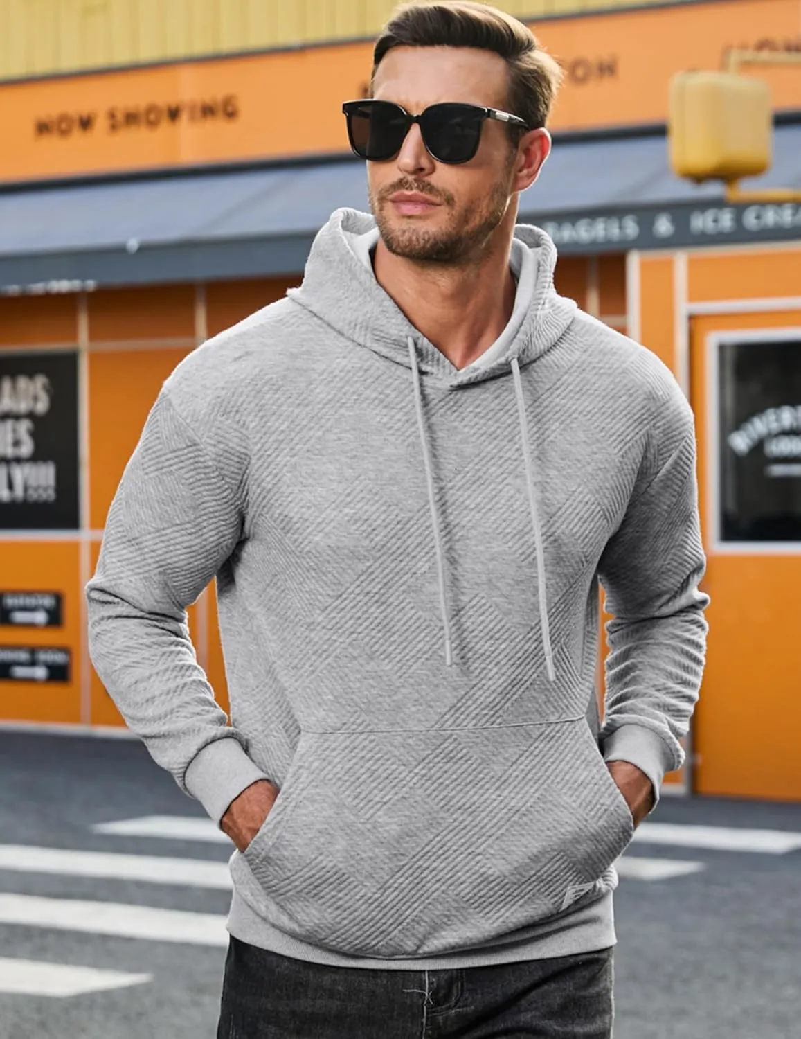 JMIERR Mens Hoodies Sweatshirts Texture Hooded Collar Drawstring Long Sleeve Casual Pullover Shirt