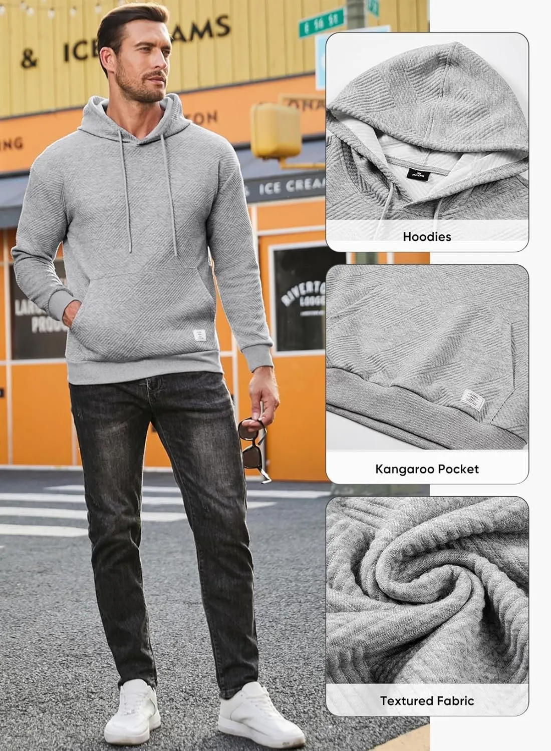 JMIERR Mens Hoodies Sweatshirts Texture Hooded Collar Drawstring Long Sleeve Casual Pullover Shirt