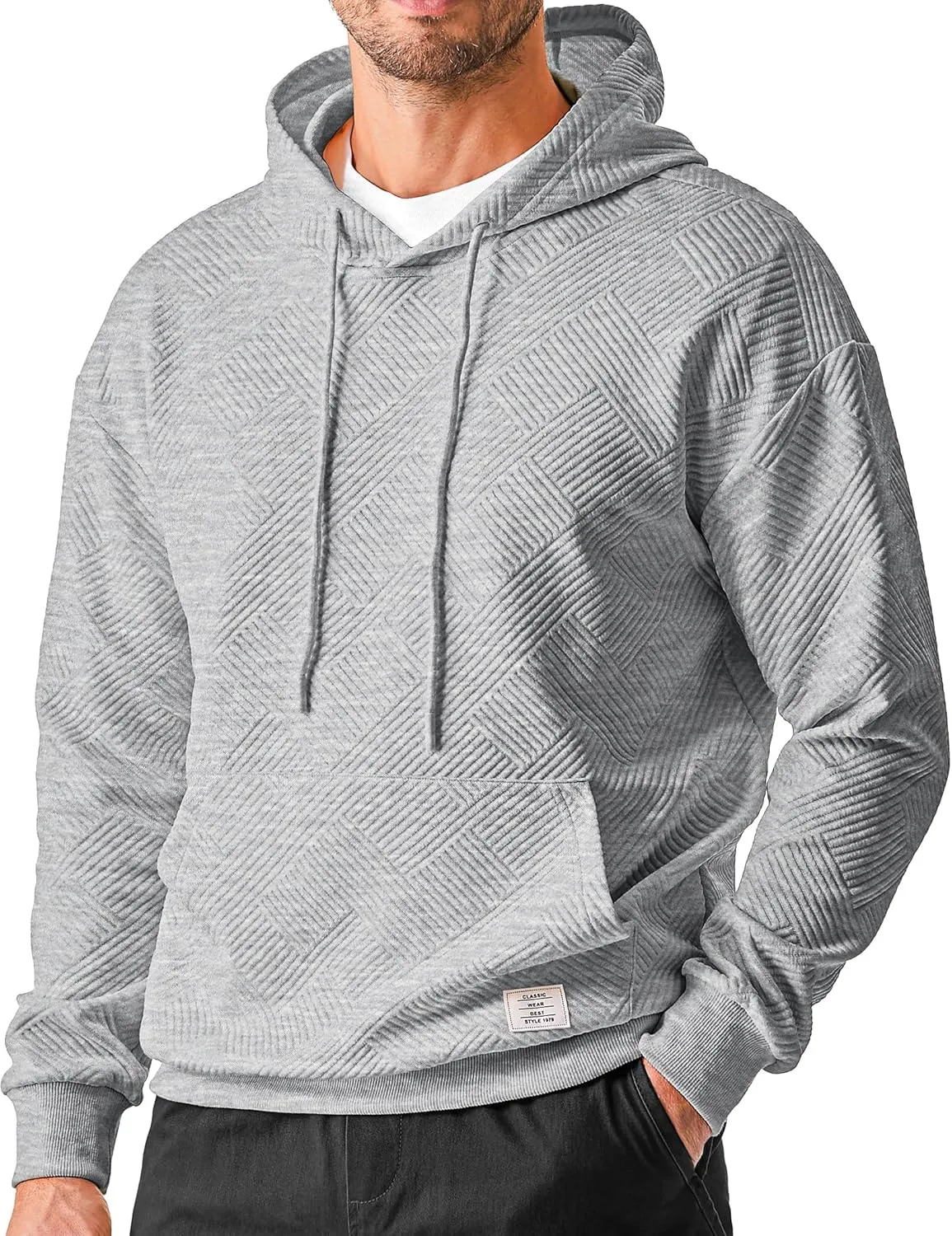 JMIERR Mens Hoodies Sweatshirts Texture Hooded Collar Drawstring Long Sleeve Casual Pullover Shirt