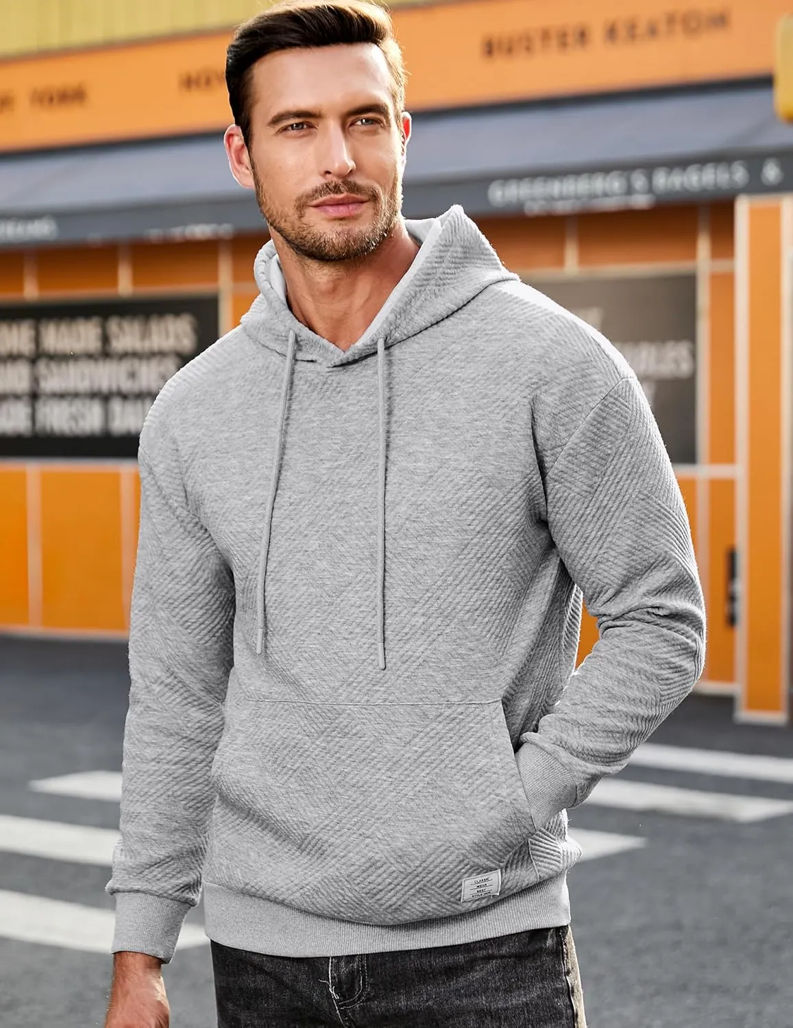 JMIERR Mens Hoodies Sweatshirts Texture Hooded Collar Drawstring Long Sleeve Casual Pullover Shirt