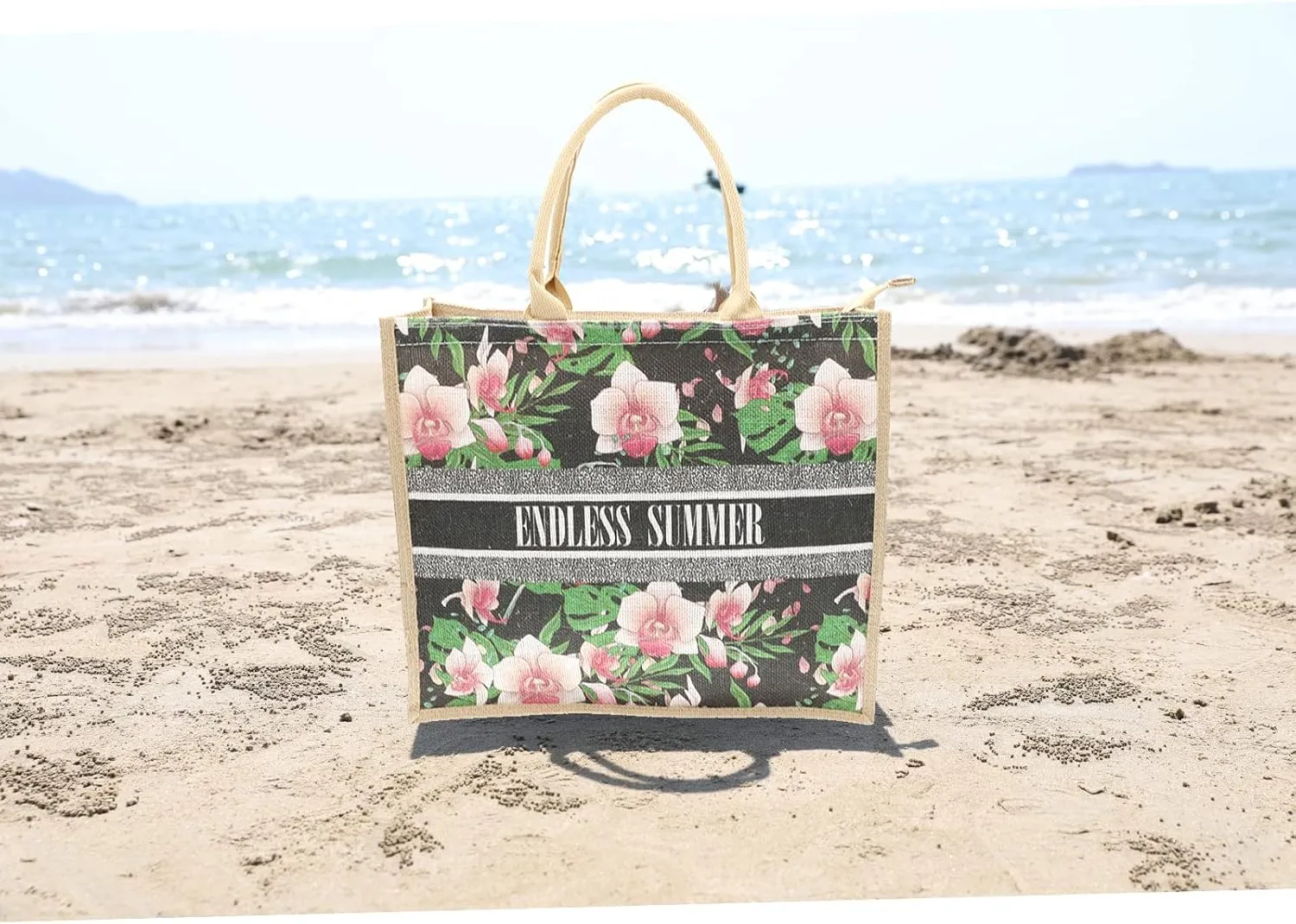 JNF Straw Beach Bag Jute Beach Tote Bags for Women Burlap Tote Bag with Zipper Reusable Grocery Shopping Bag with Handle