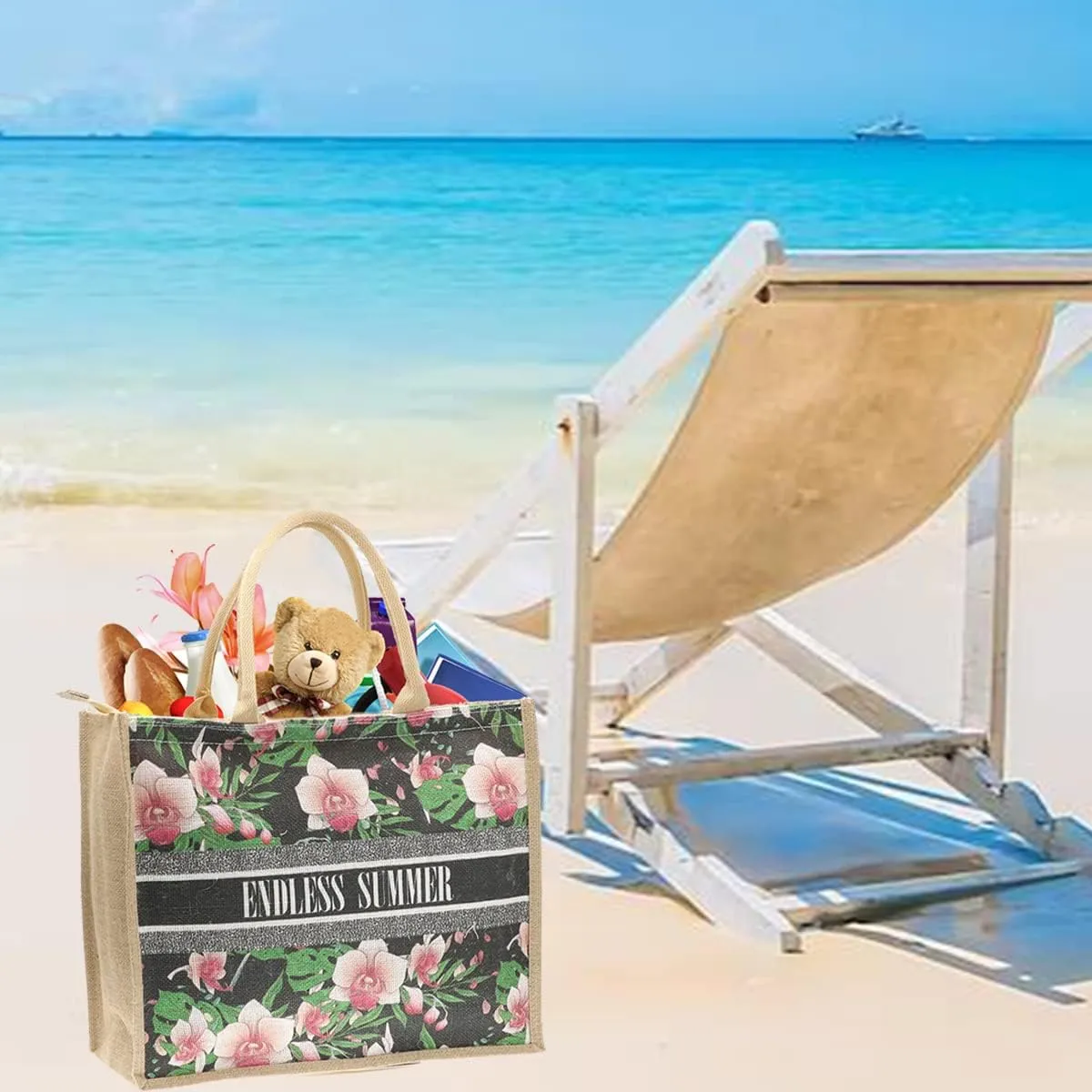 JNF Straw Beach Bag Jute Beach Tote Bags for Women Burlap Tote Bag with Zipper Reusable Grocery Shopping Bag with Handle