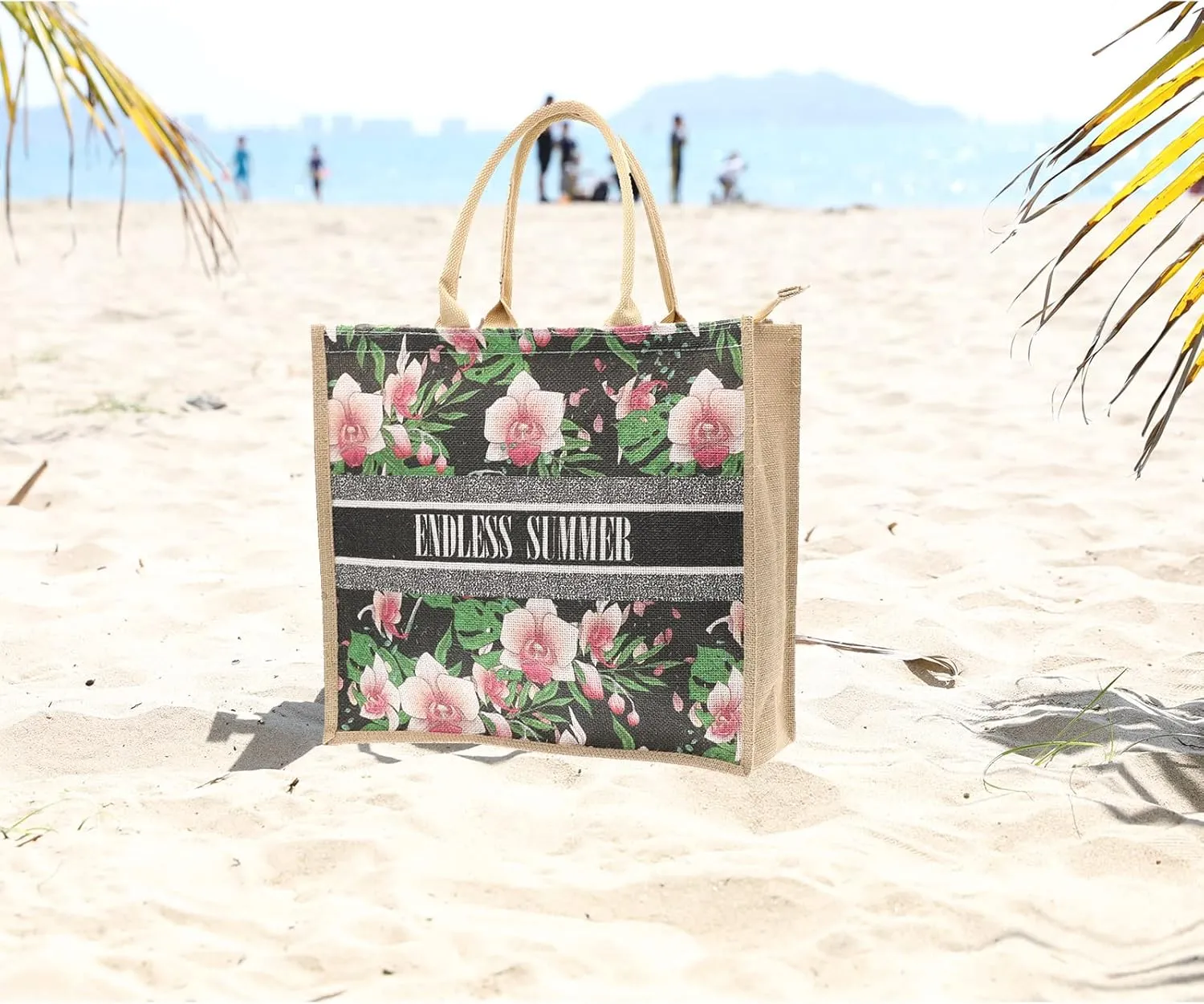 JNF Straw Beach Bag Jute Beach Tote Bags for Women Burlap Tote Bag with Zipper Reusable Grocery Shopping Bag with Handle
