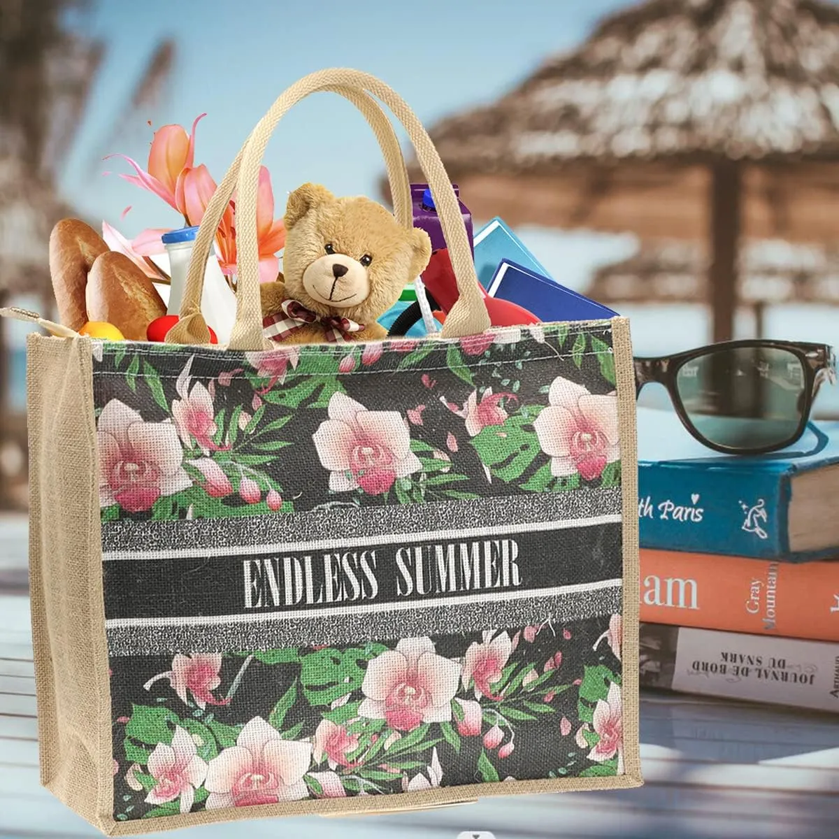 JNF Straw Beach Bag Jute Beach Tote Bags for Women Burlap Tote Bag with Zipper Reusable Grocery Shopping Bag with Handle