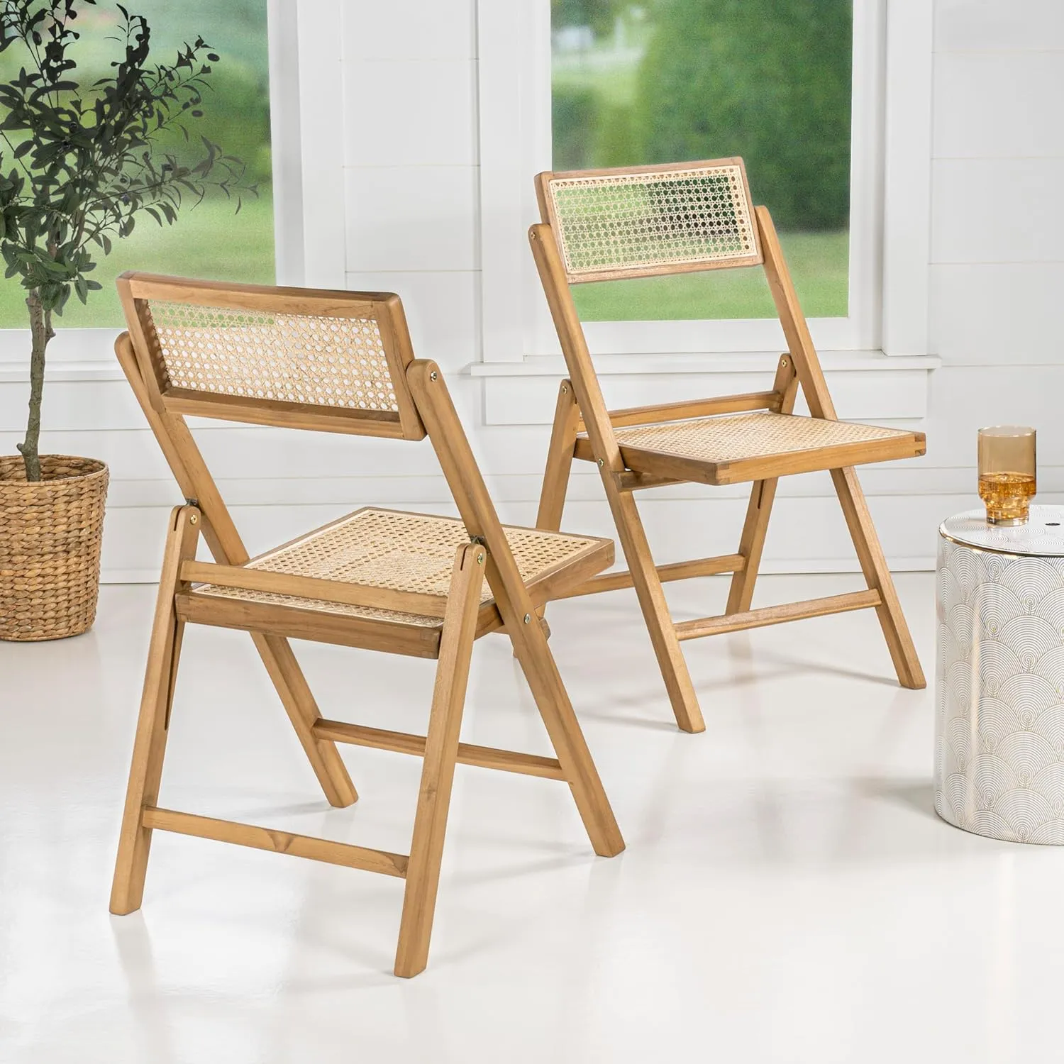 JONATHAN Y FLD1000A-SET2 Theo Mid-Century Vintage Wood Rattan Folding Chair with Adjustable Back Modern, Traditional, Bohemian, Classic, Scandinavian, Minimalist, Light Brown (Set of 2)