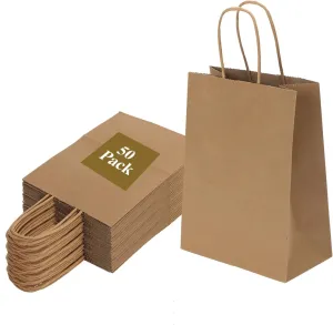 Joybe 50 Pack 6x3.25x8 Inch Small Brown Paper Bags with Handles Bulk, Kraft Paper Gift Bags for Birthday Party Favors Grocery Retail Shopping Business Goody Craft Sacks (Blank Plain Natural, 50pcs)