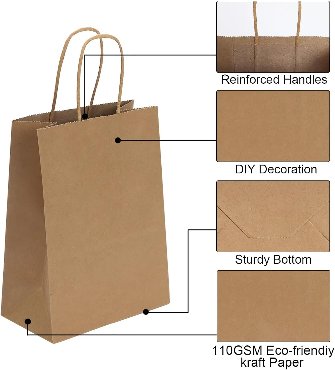 Joybe 50 Pack 6x3.25x8 Inch Small Brown Paper Bags with Handles Bulk, Kraft Paper Gift Bags for Birthday Party Favors Grocery Retail Shopping Business Goody Craft Sacks (Blank Plain Natural, 50pcs)