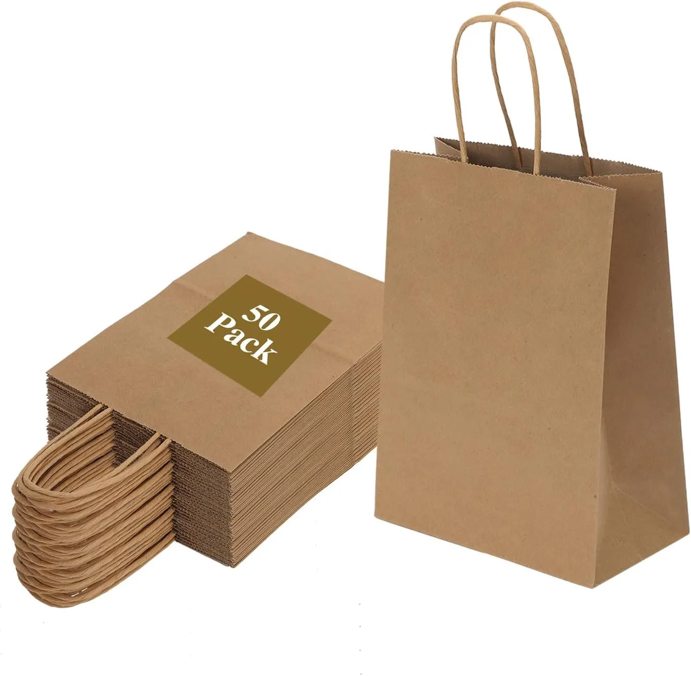 Joybe 50 Pack 6x3.25x8 Inch Small Brown Paper Bags with Handles Bulk, Kraft Paper Gift Bags for Birthday Party Favors Grocery Retail Shopping Business Goody Craft Sacks (Blank Plain Natural, 50pcs)