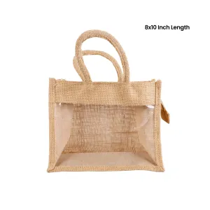 Jute Bag With Zip - 8 x 10 Inches | Transparent Cover Gift Bag/ Jute Handbag/ Jute Carry Bag for Return Gift