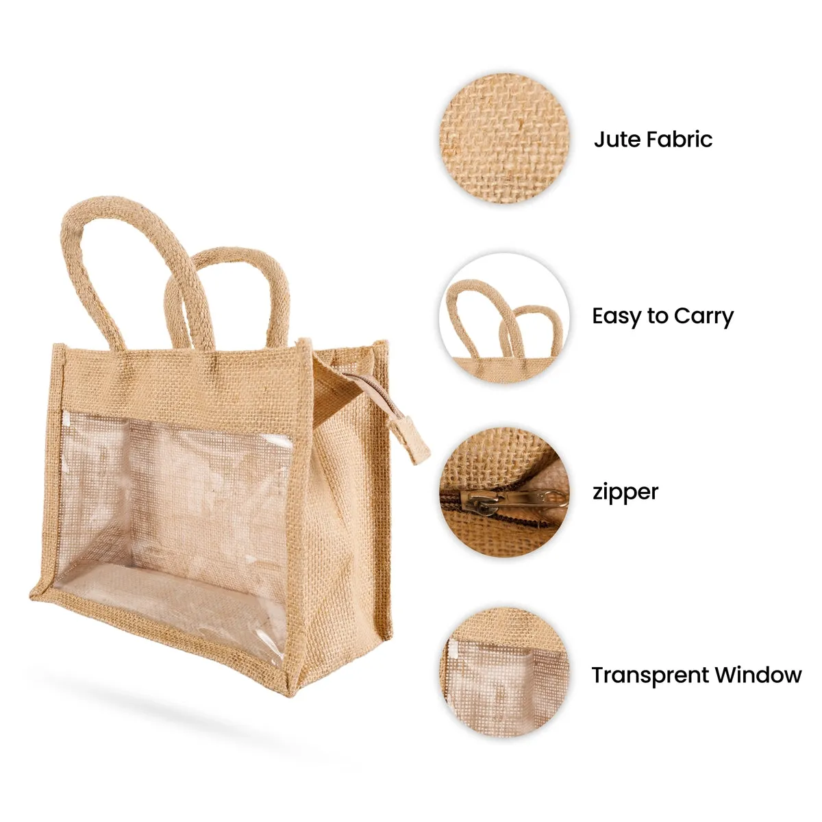 Jute Bag With Zip - 8 x 10 Inches | Transparent Cover Gift Bag/ Jute Handbag/ Jute Carry Bag for Return Gift