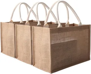 Jute Reusable Tote Bags Natural Jute Christmas Gift Bags with Cotton Handles Tote Bags Wedding Bridesmaid Favors Burlap Bag Embroidery DIY Art Crafts Print Decoration,14.6"x10.2"x6.5"Pack of6