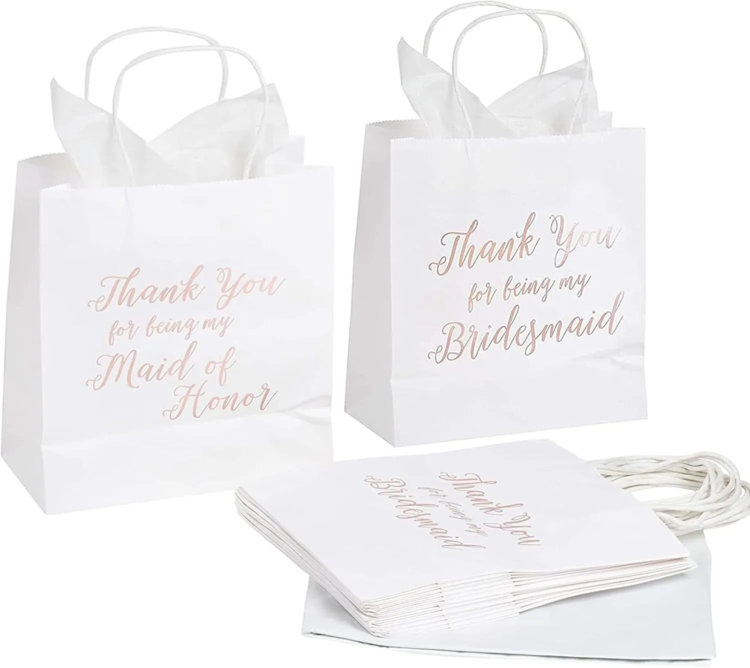 Juvale 11 Bridesmaid and 1 Maid of Honor Thank You Paper Gift Bag, Rose Gold Foil Text, Includes 20 Sheets of Tissue Paper, Perfect for Bridal Party Favors, White, 9 x 8 x 4 Inches