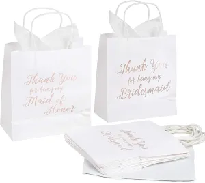 Juvale 11 Bridesmaid and 1 Maid of Honor Thank You Paper Gift Bag, Rose Gold Foil Text, Includes 20 Sheets of Tissue Paper, Perfect for Bridal Party Favors, White, 9 x 8 x 4 Inches
