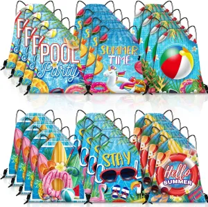 Kacctyen 24 Pcs Pool Beach Drawstring Bags Summer Drawstring Backpack Beach Ball String Birthday Bag Pool Party Decoration (Classic)