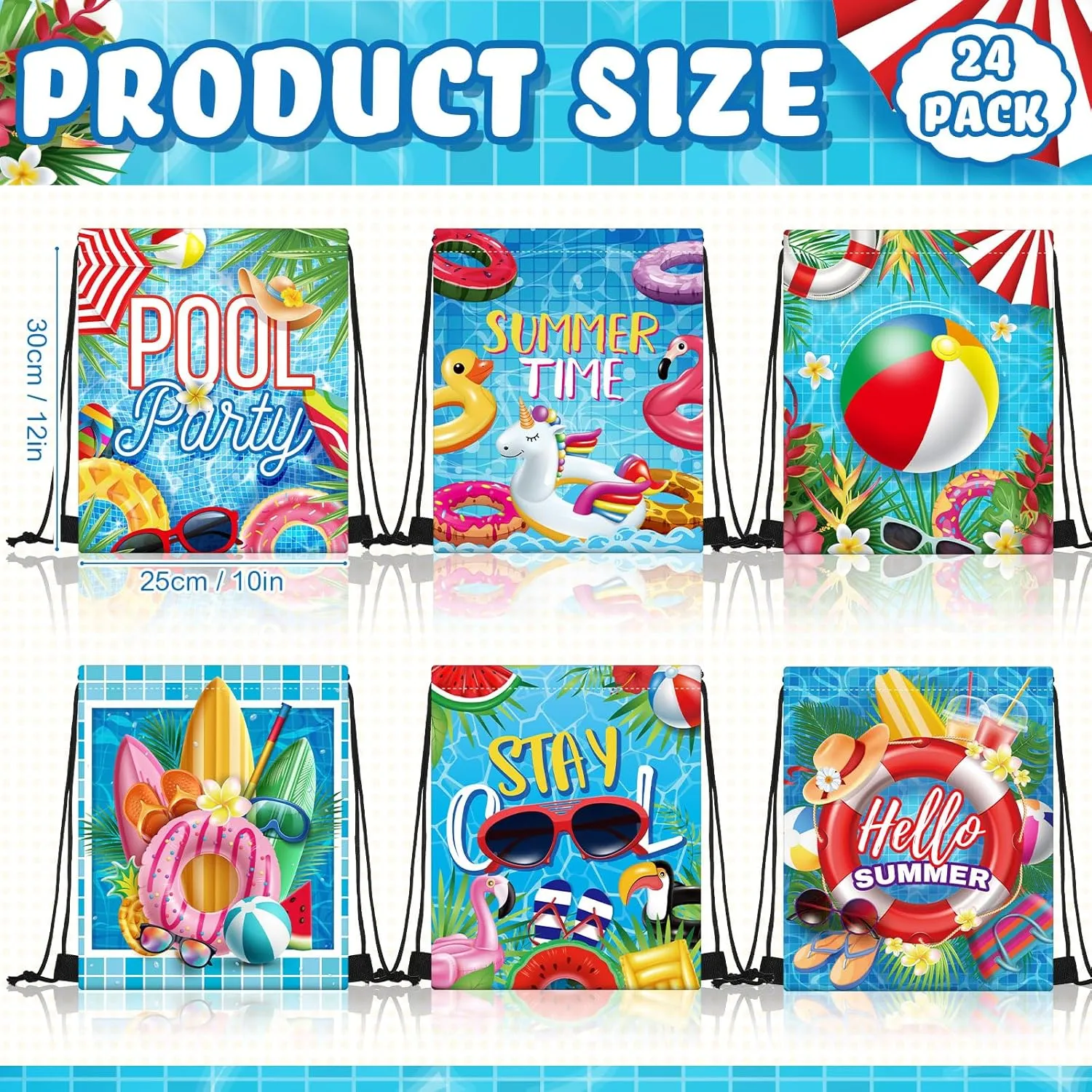 Kacctyen 24 Pcs Pool Beach Drawstring Bags Summer Drawstring Backpack Beach Ball String Birthday Bag Pool Party Decoration (Classic)