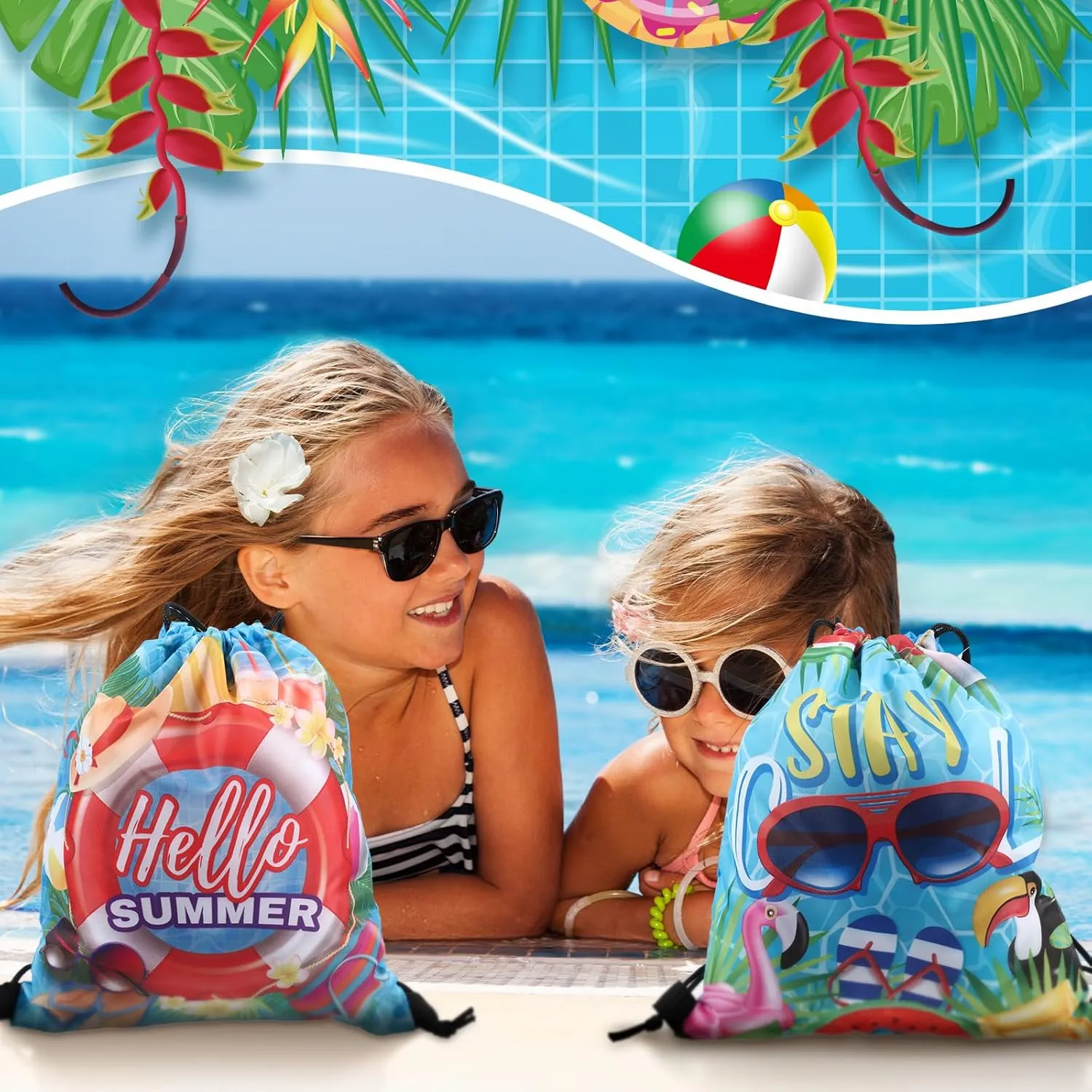 Kacctyen 24 Pcs Pool Beach Drawstring Bags Summer Drawstring Backpack Beach Ball String Birthday Bag Pool Party Decoration (Classic)