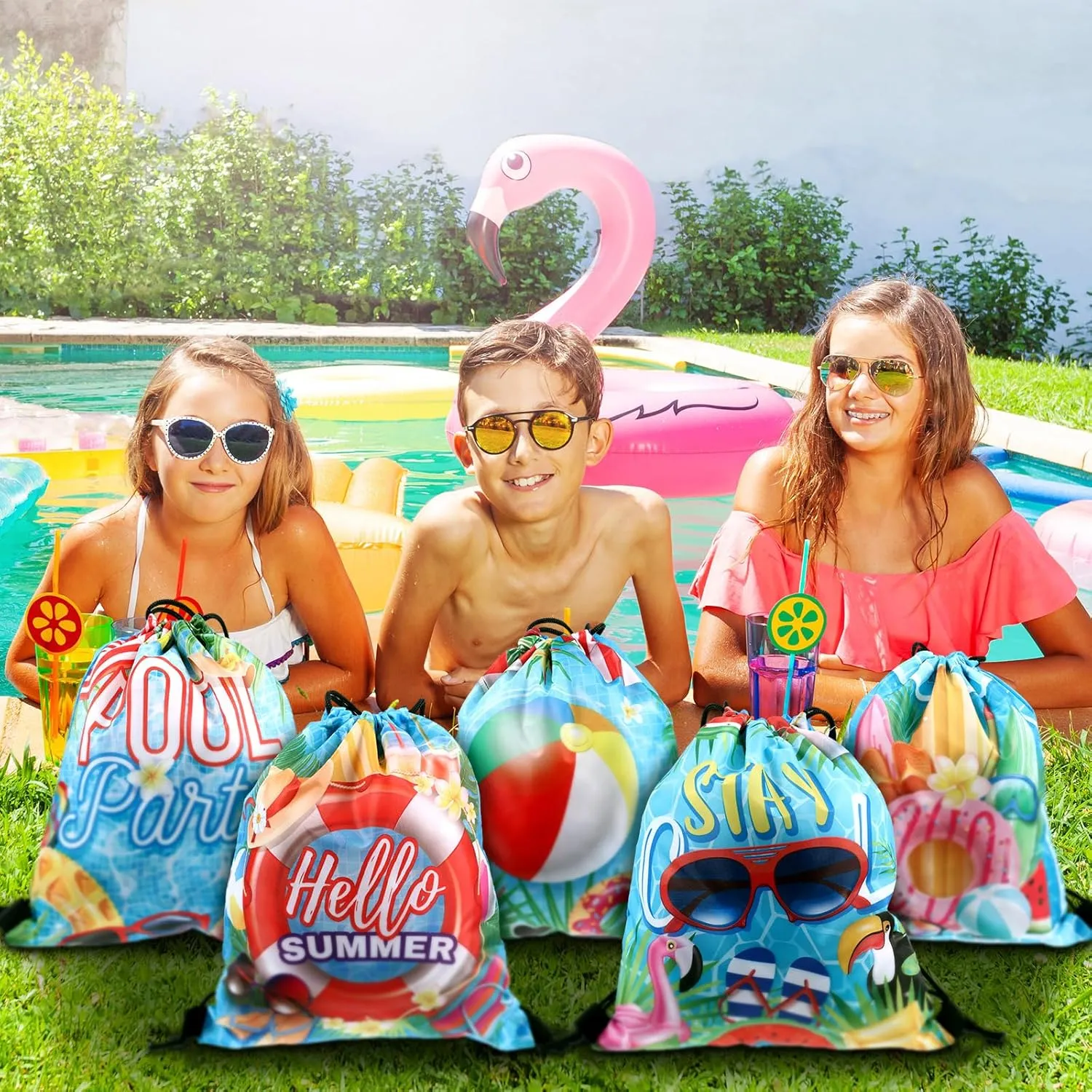 Kacctyen 24 Pcs Pool Beach Drawstring Bags Summer Drawstring Backpack Beach Ball String Birthday Bag Pool Party Decoration (Classic)
