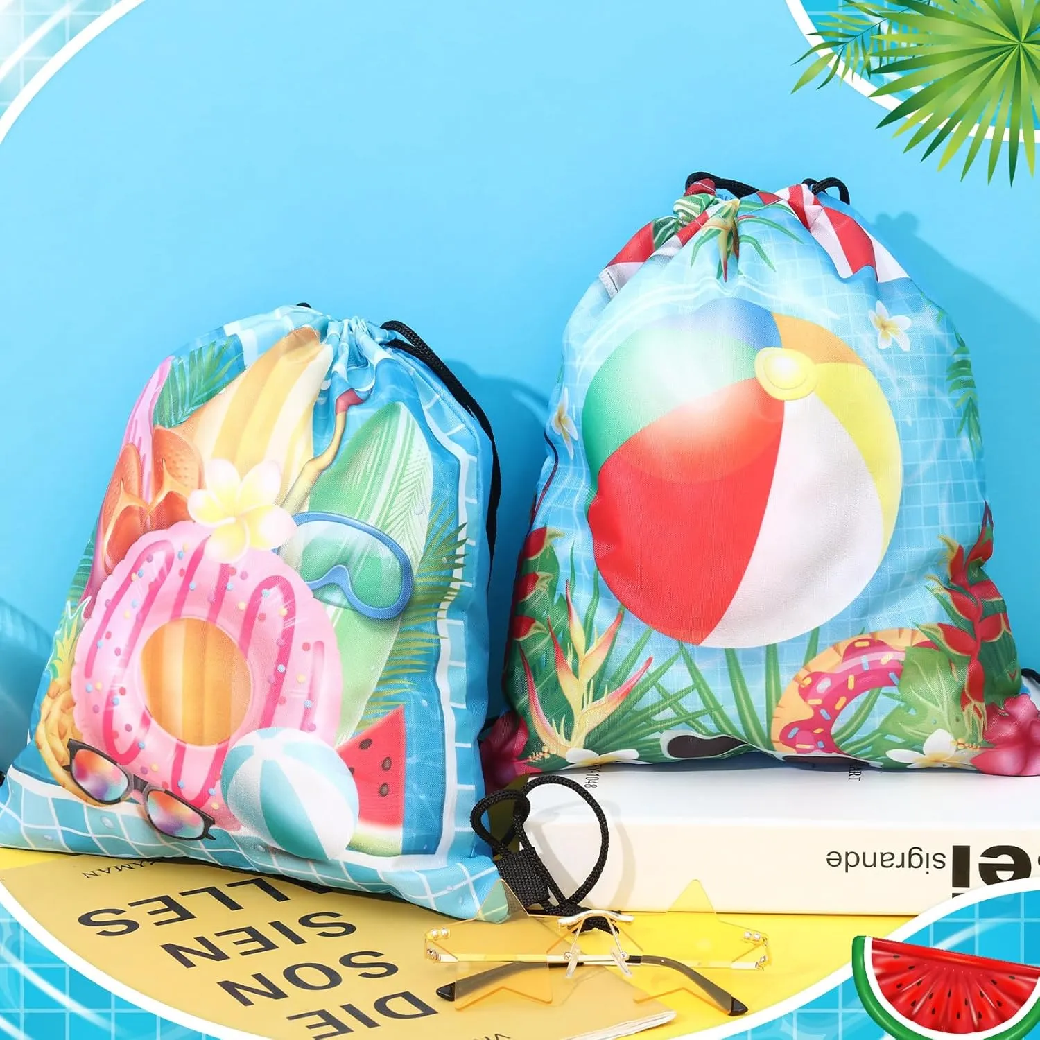 Kacctyen 24 Pcs Pool Beach Drawstring Bags Summer Drawstring Backpack Beach Ball String Birthday Bag Pool Party Decoration (Classic)