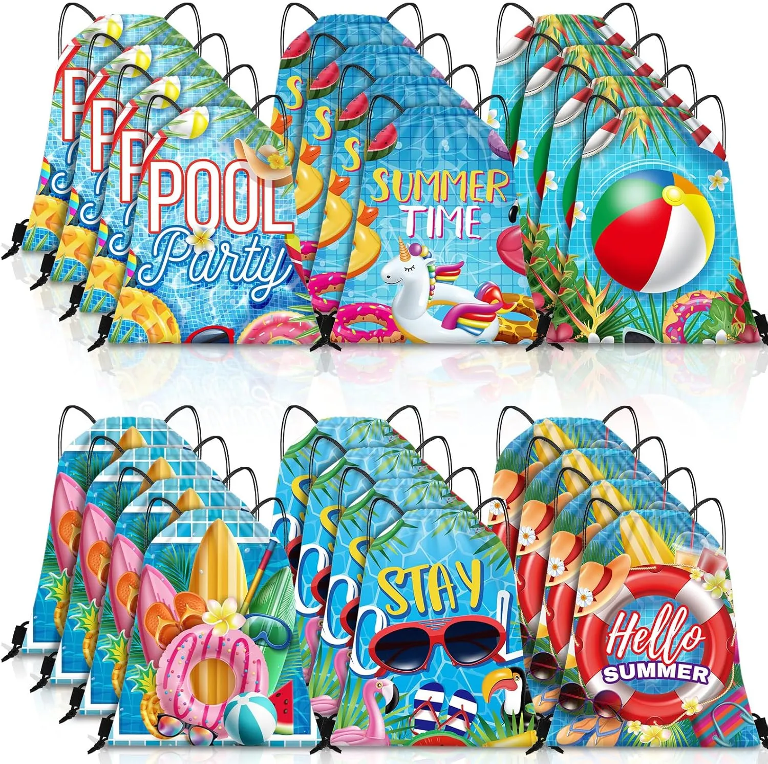 Kacctyen 24 Pcs Pool Beach Drawstring Bags Summer Drawstring Backpack Beach Ball String Birthday Bag Pool Party Decoration (Classic)