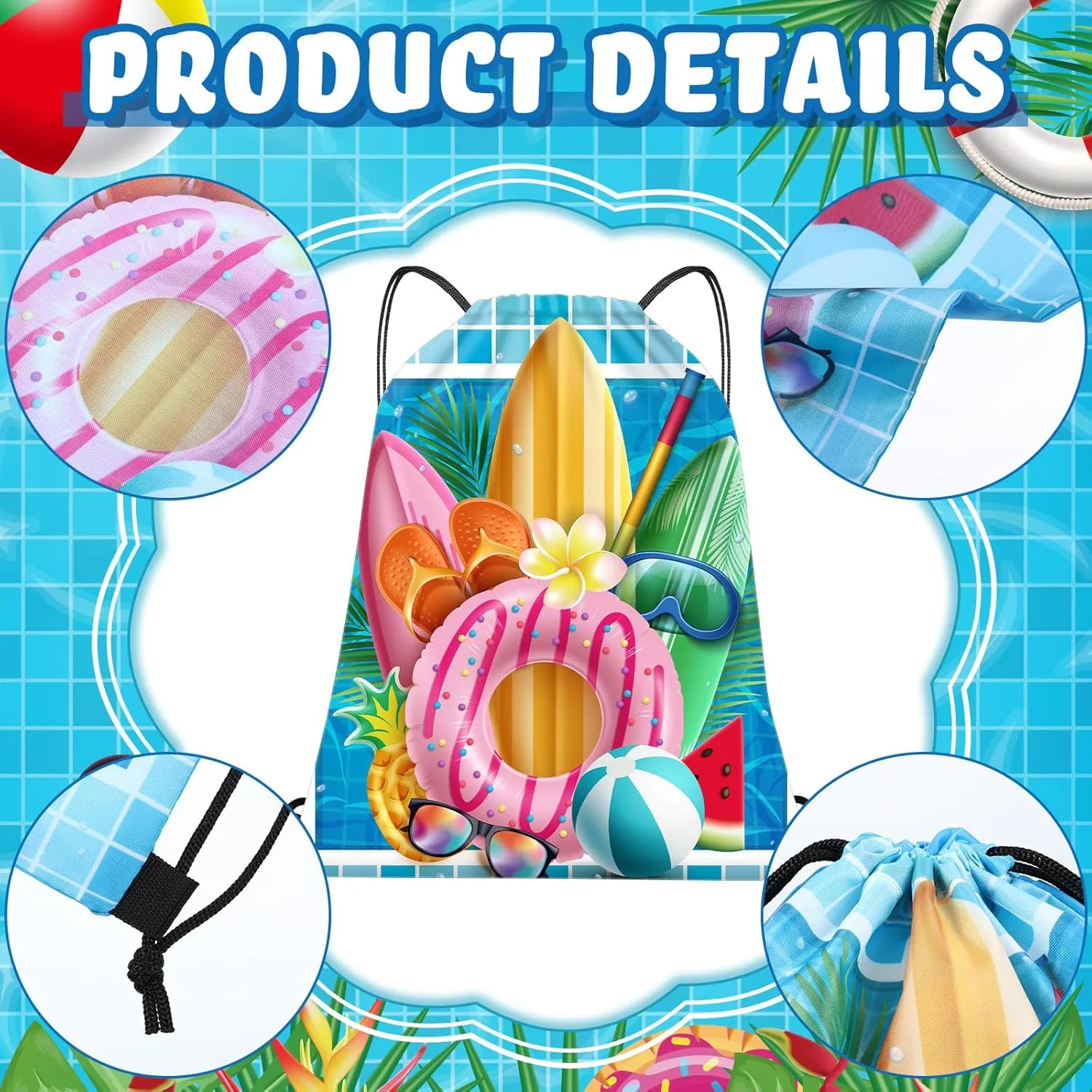 Kacctyen 24 Pcs Pool Beach Drawstring Bags Summer Drawstring Backpack Beach Ball String Birthday Bag Pool Party Decoration (Classic)