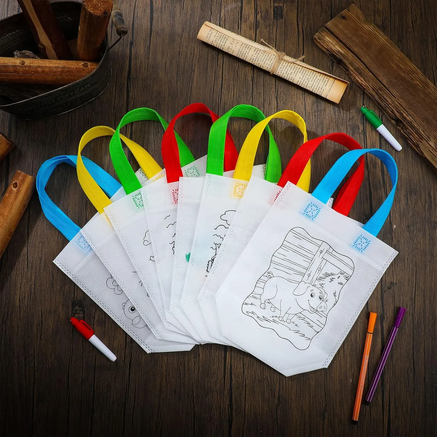 Kacctyen 45 Pcs Farm Animals Color Your Own Goodie Bags Reusable Coloring Art Party Favor Paint Graffiti Bags for Farm Theme Barnyard Birthday, 9 Styles