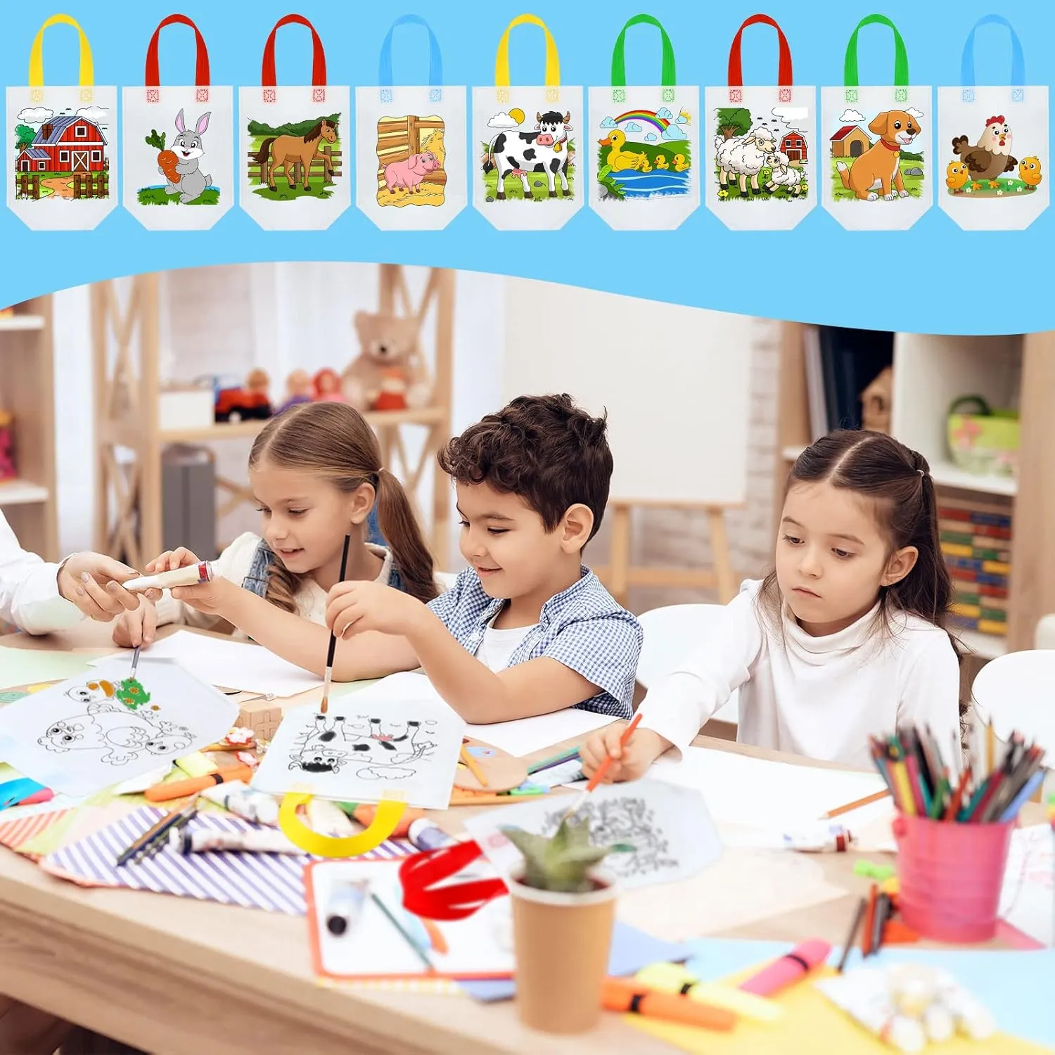 Kacctyen 45 Pcs Farm Animals Color Your Own Goodie Bags Reusable Coloring Art Party Favor Paint Graffiti Bags for Farm Theme Barnyard Birthday, 9 Styles