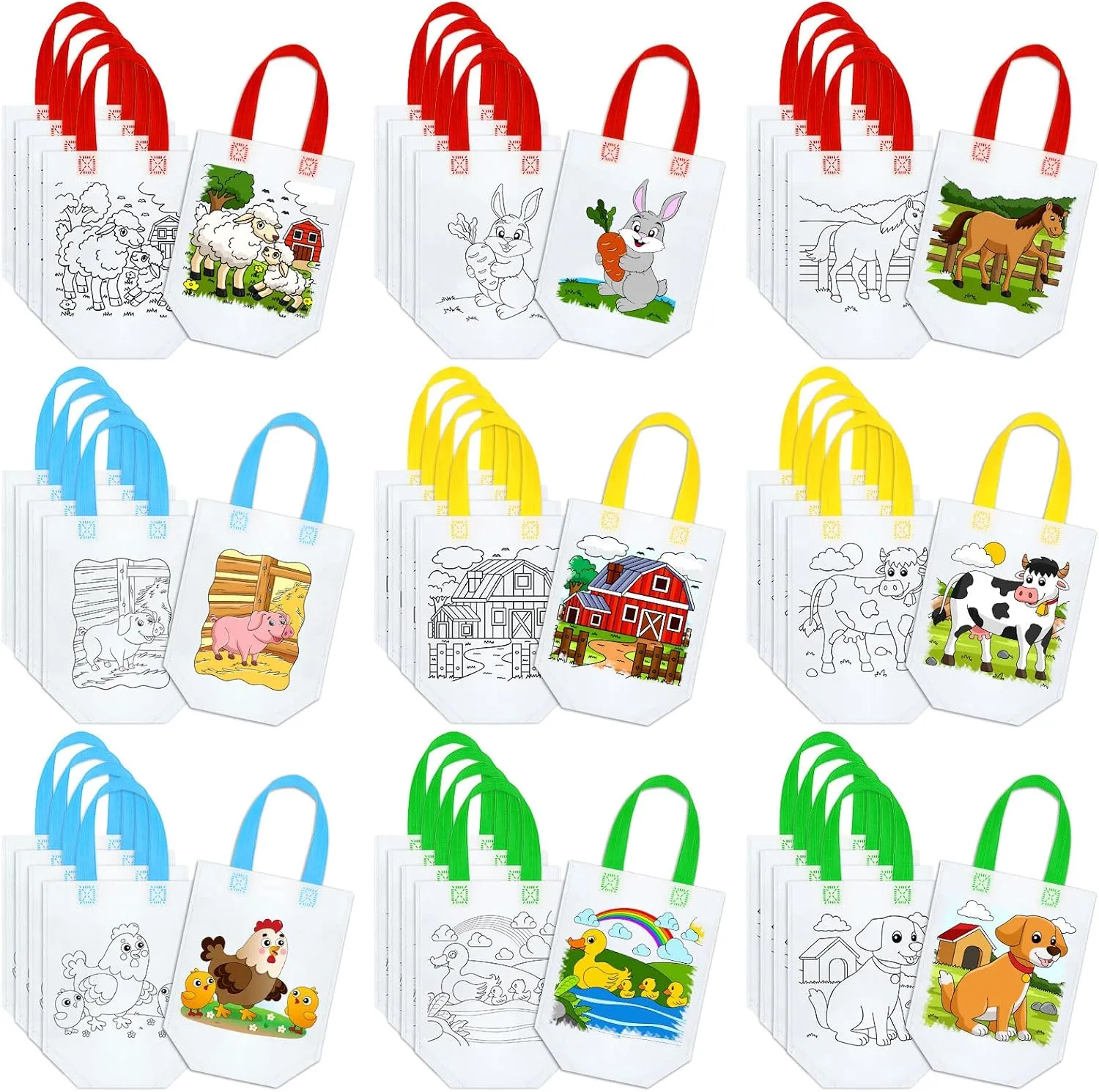 Kacctyen 45 Pcs Farm Animals Color Your Own Goodie Bags Reusable Coloring Art Party Favor Paint Graffiti Bags for Farm Theme Barnyard Birthday, 9 Styles