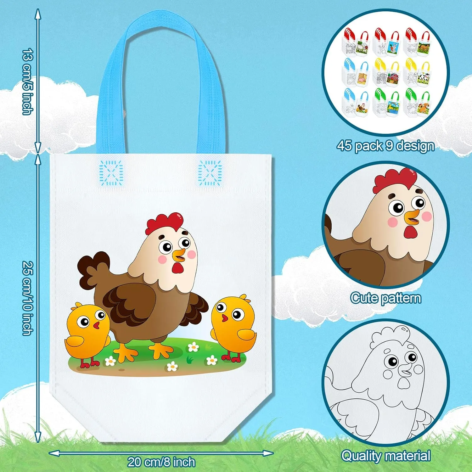 Kacctyen 45 Pcs Farm Animals Color Your Own Goodie Bags Reusable Coloring Art Party Favor Paint Graffiti Bags for Farm Theme Barnyard Birthday, 9 Styles