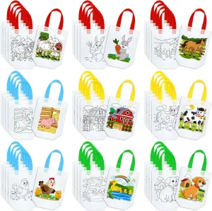 Kacctyen 45 Pcs Farm Animals Color Your Own Goodie Bags Reusable Coloring Art Party Favor Paint Graffiti Bags for Farm Theme Barnyard Birthday, 9 Styles
