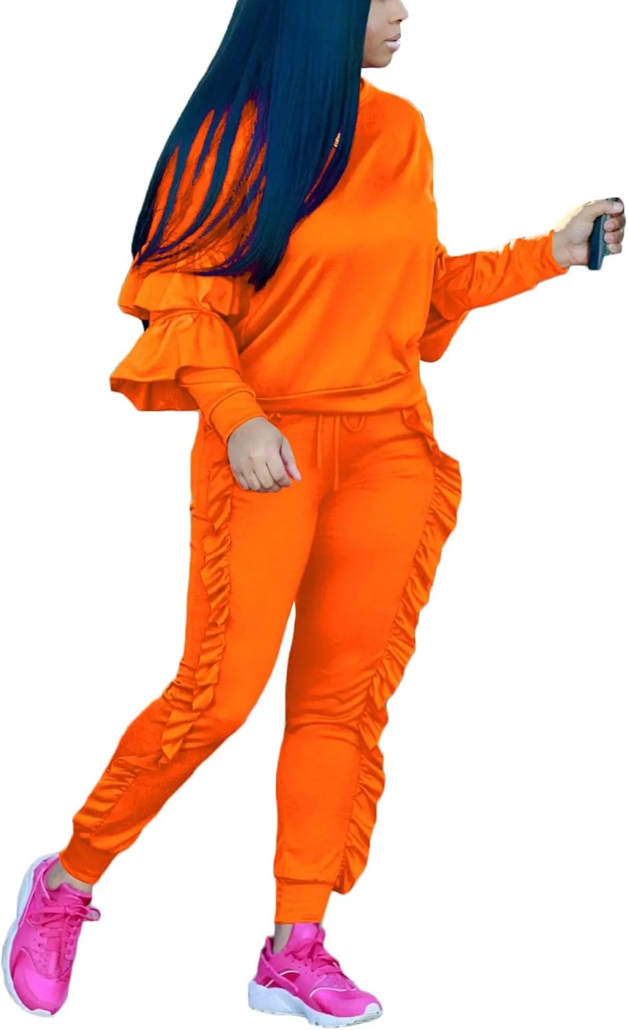 KANSOON Women 2 Pieces Outfits Puff Sleeve Top and Long Flounced Pants Sweatsuits Set Tracksuits