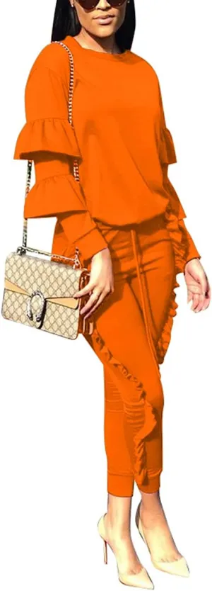 KANSOON Women 2 Pieces Outfits Puff Sleeve Top and Long Flounced Pants Sweatsuits Set Tracksuits