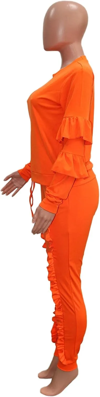 KANSOON Women 2 Pieces Outfits Puff Sleeve Top and Long Flounced Pants Sweatsuits Set Tracksuits