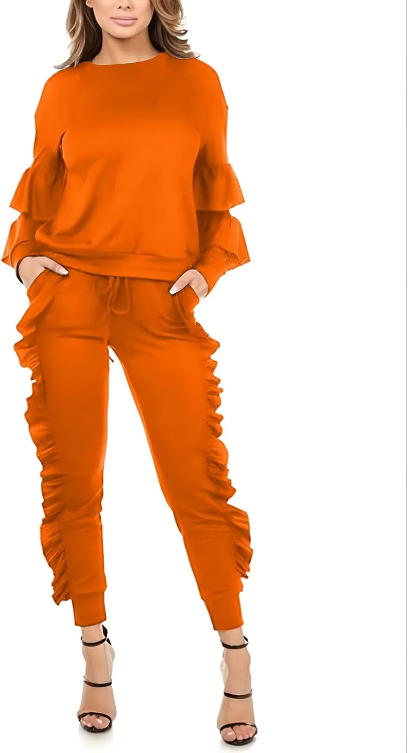 KANSOON Women 2 Pieces Outfits Puff Sleeve Top and Long Flounced Pants Sweatsuits Set Tracksuits