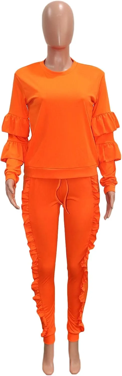 KANSOON Women 2 Pieces Outfits Puff Sleeve Top and Long Flounced Pants Sweatsuits Set Tracksuits