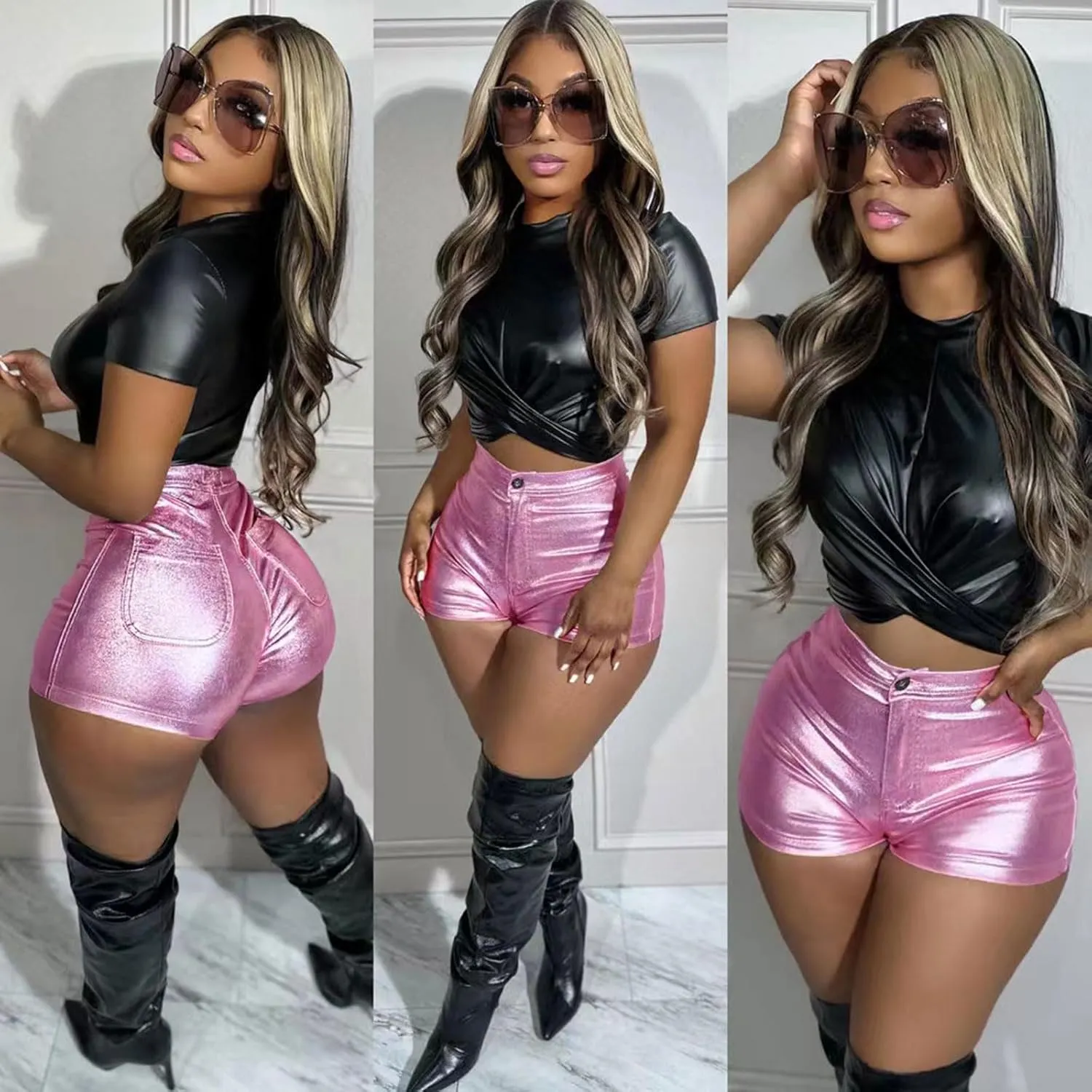 KANSOON Women's Metallic Faux Leather Shorts High Waist Shiny Sexy Rave Short Hot Pants