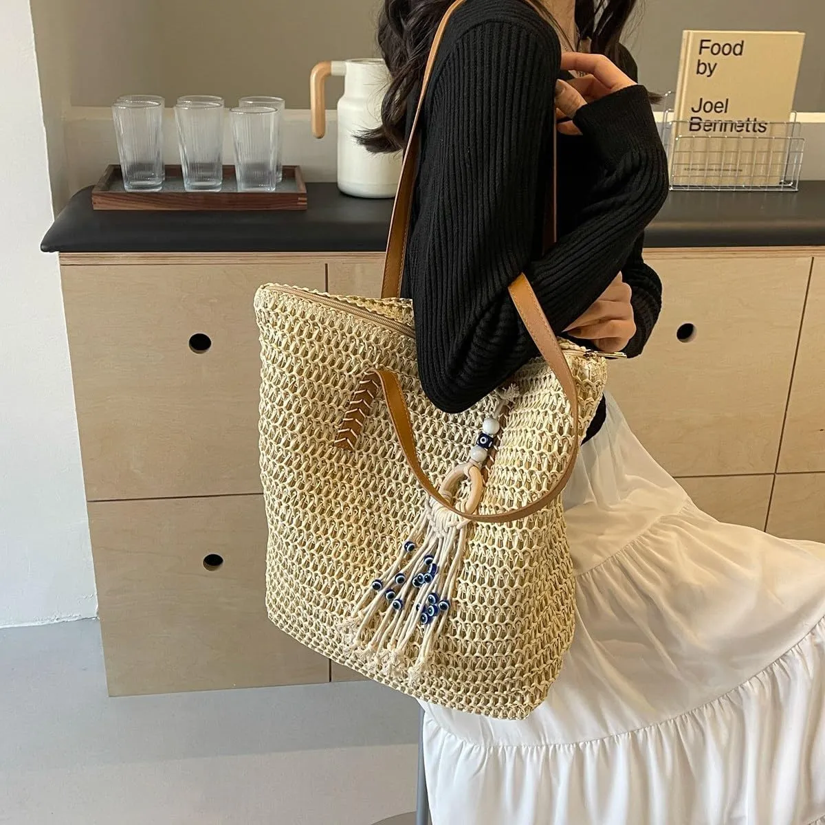 KARRESLY Straw Beach Bag for Women Woven Structured Tote Bag Summer Large Rattan bag