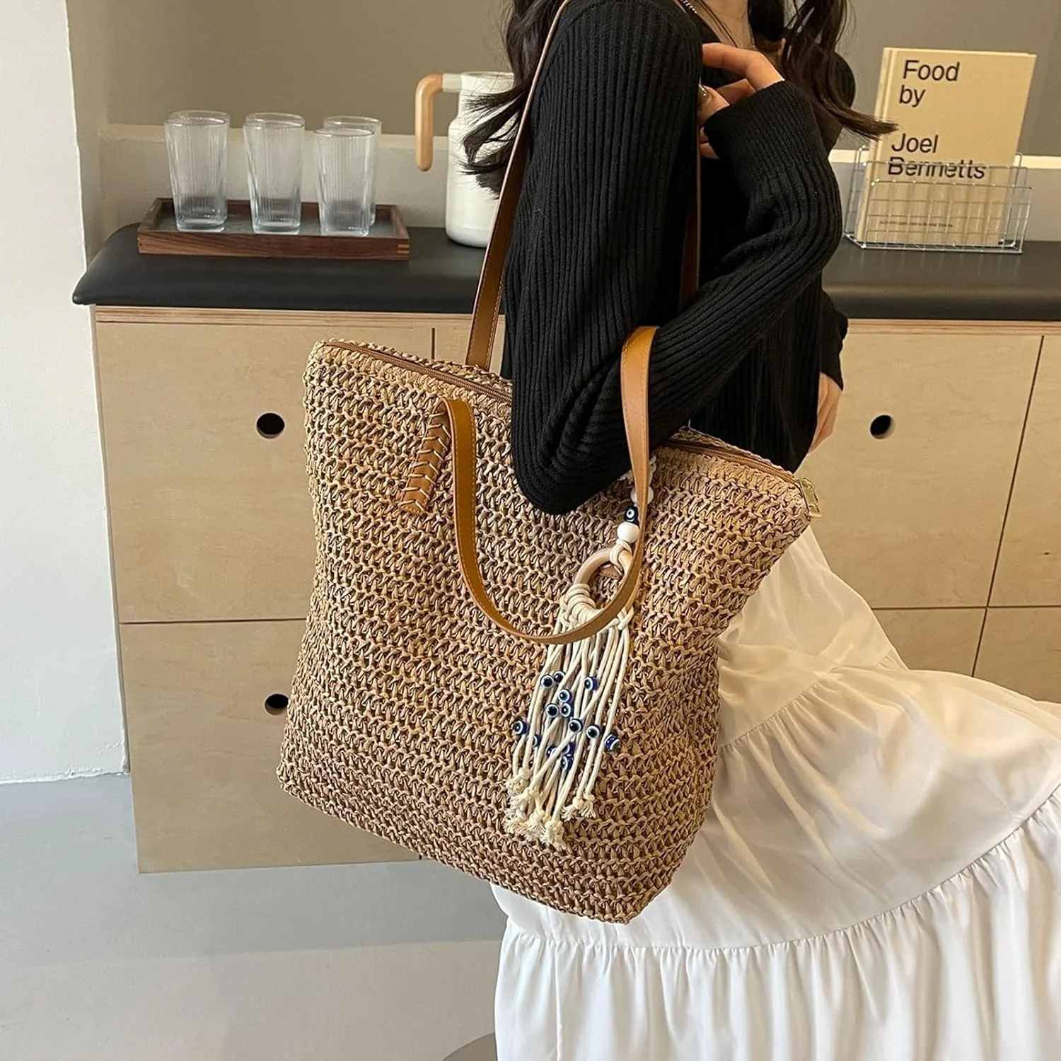 KARRESLY Straw Beach Bag for Women Woven Structured Tote Bag Summer Large Rattan bag