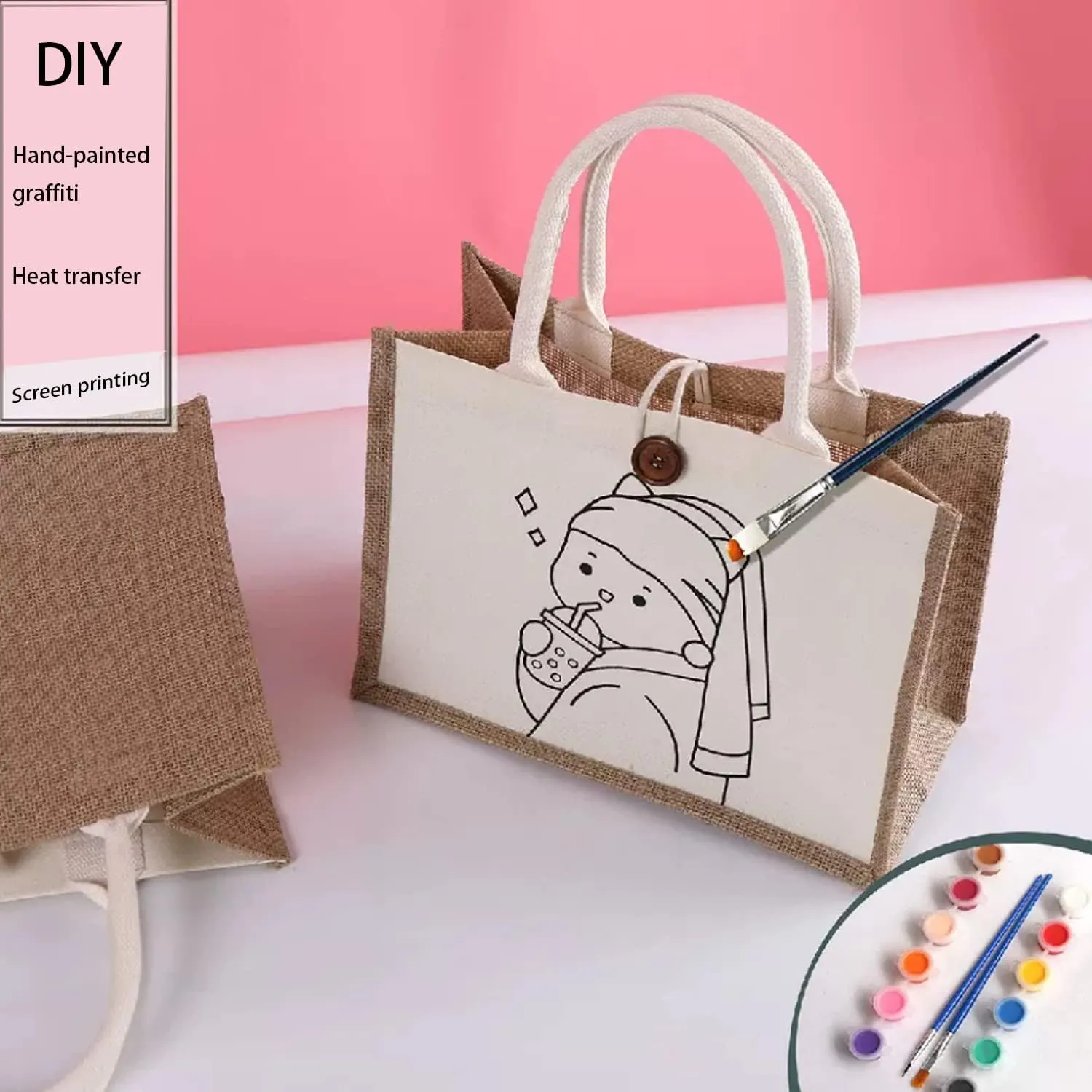 Kaxilu Jute Beach Tote Set of 6 - 14.5 * 10.7 * 6.5 Burlap Bags With Button and Handle for Travel, Grocery, Bridesmaid, Wedding, Shopping, Arts and Crafts, DIY