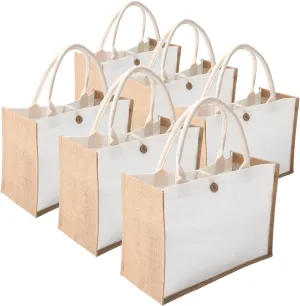Kaxilu Jute Beach Tote Set of 6 - 14.5 * 10.7 * 6.5 Burlap Bags With Button and Handle for Travel, Grocery, Bridesmaid, Wedding, Shopping, Arts and Crafts, DIY