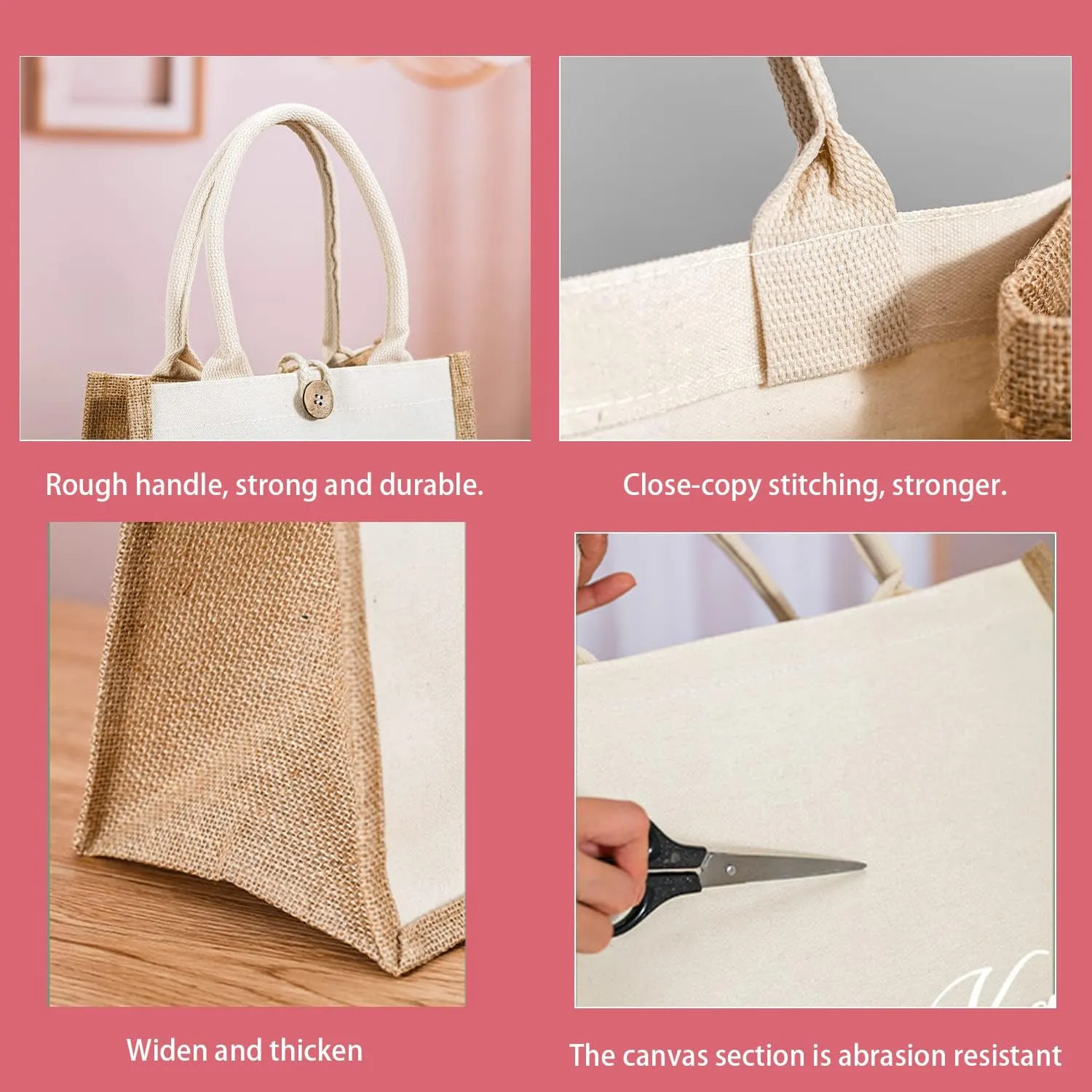 Kaxilu Jute Beach Tote Set of 6 - 14.5 * 10.7 * 6.5 Burlap Bags With Button and Handle for Travel, Grocery, Bridesmaid, Wedding, Shopping, Arts and Crafts, DIY