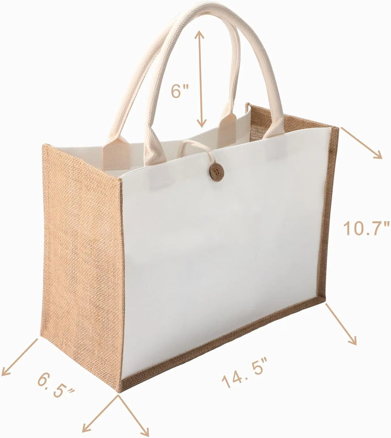 Kaxilu Jute Beach Tote Set of 6 - 14.5 * 10.7 * 6.5 Burlap Bags With Button and Handle for Travel, Grocery, Bridesmaid, Wedding, Shopping, Arts and Crafts, DIY