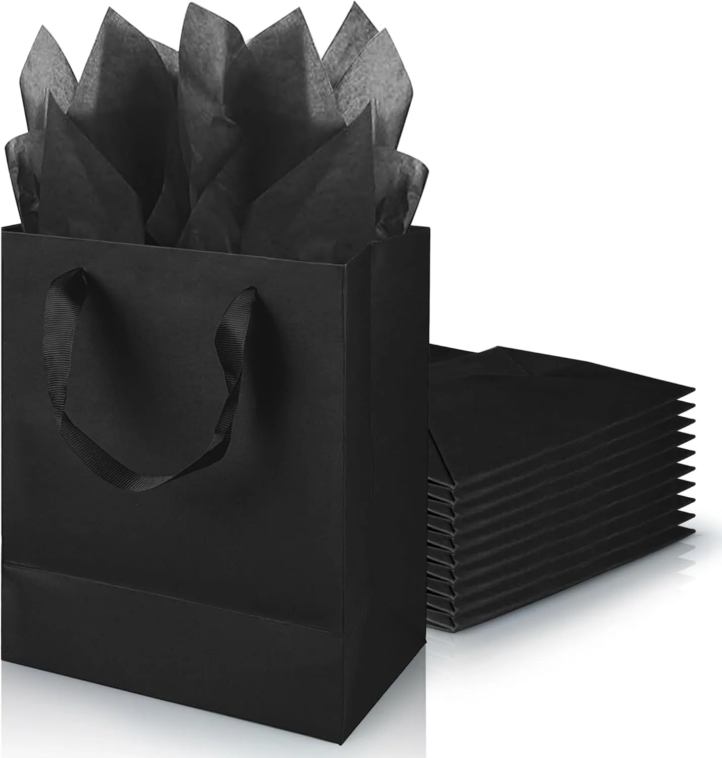KEEPARTY 10 PCS Black Gift Bags With Handles Black Paper Bags Medium Size for Party Business Wedding Birthday Graduation Fathers Day